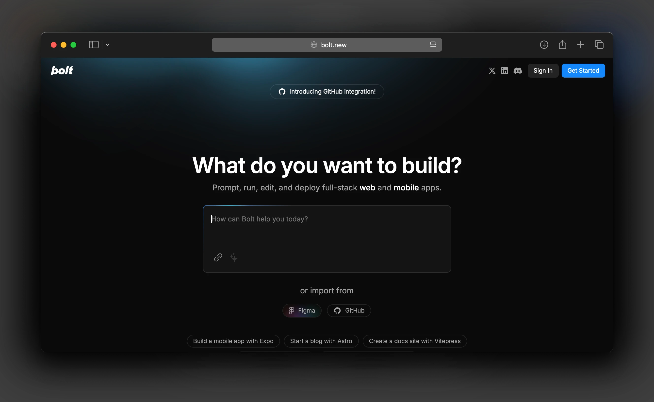Screenshot of Bolt.new - showing app interface and features