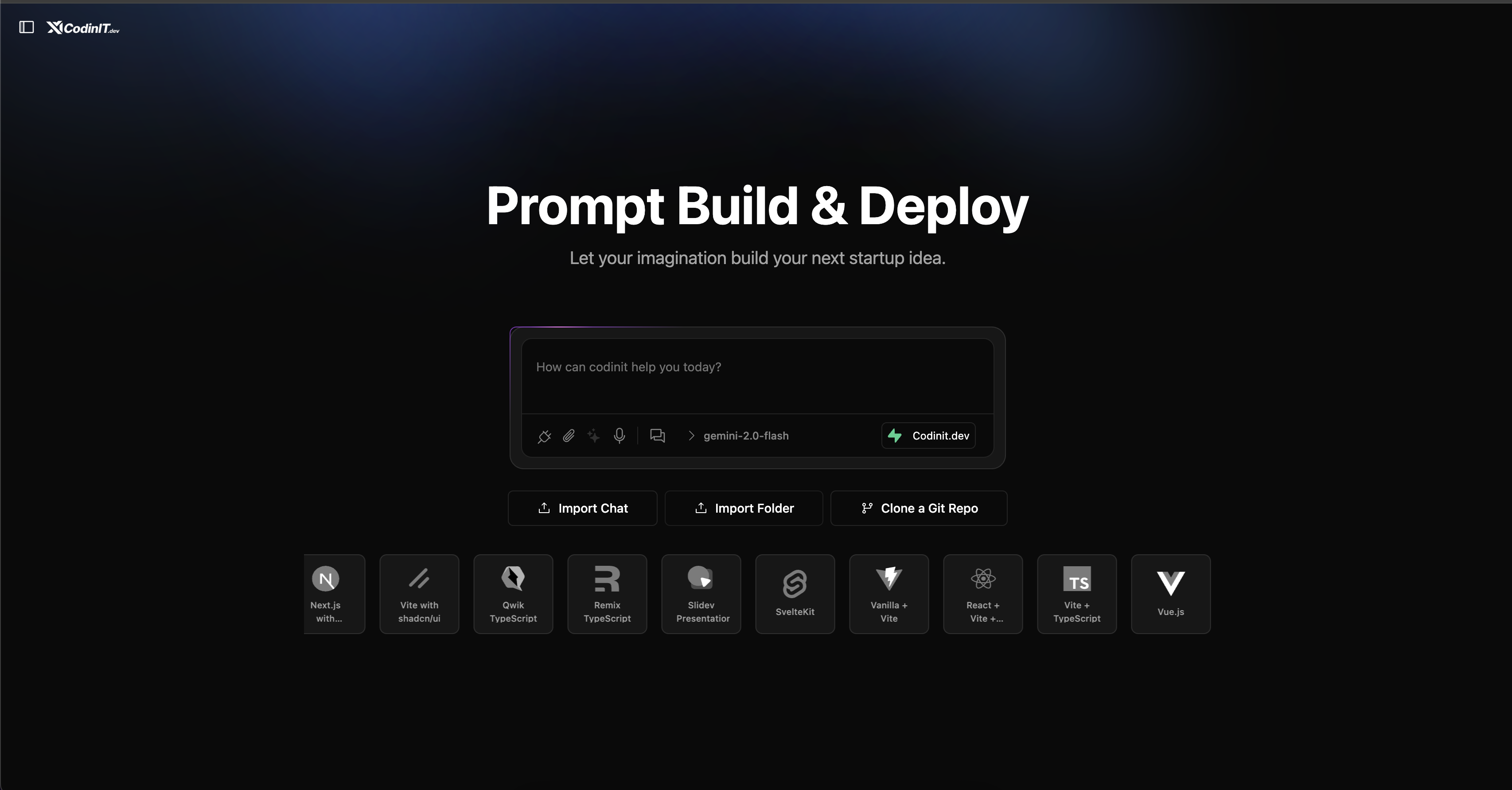 Screenshot of CodinIT.dev - showing app interface and features