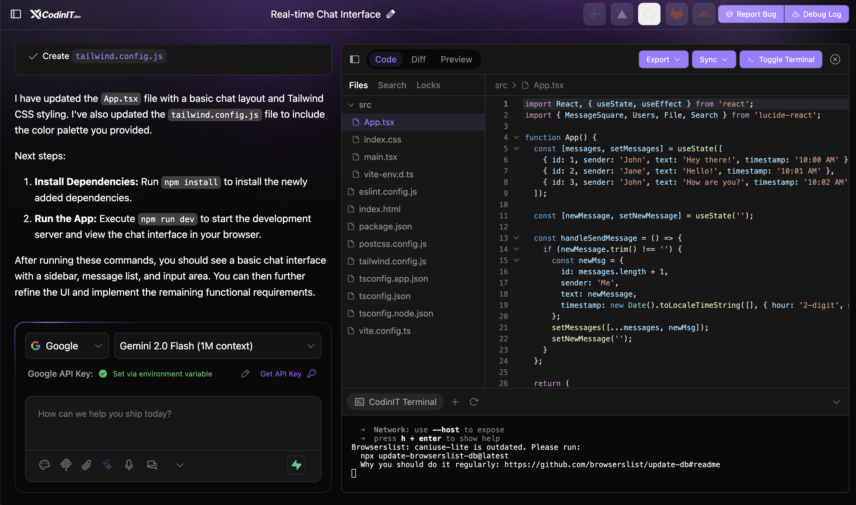 Screenshot of CodinIT.dev - showing app interface and features
