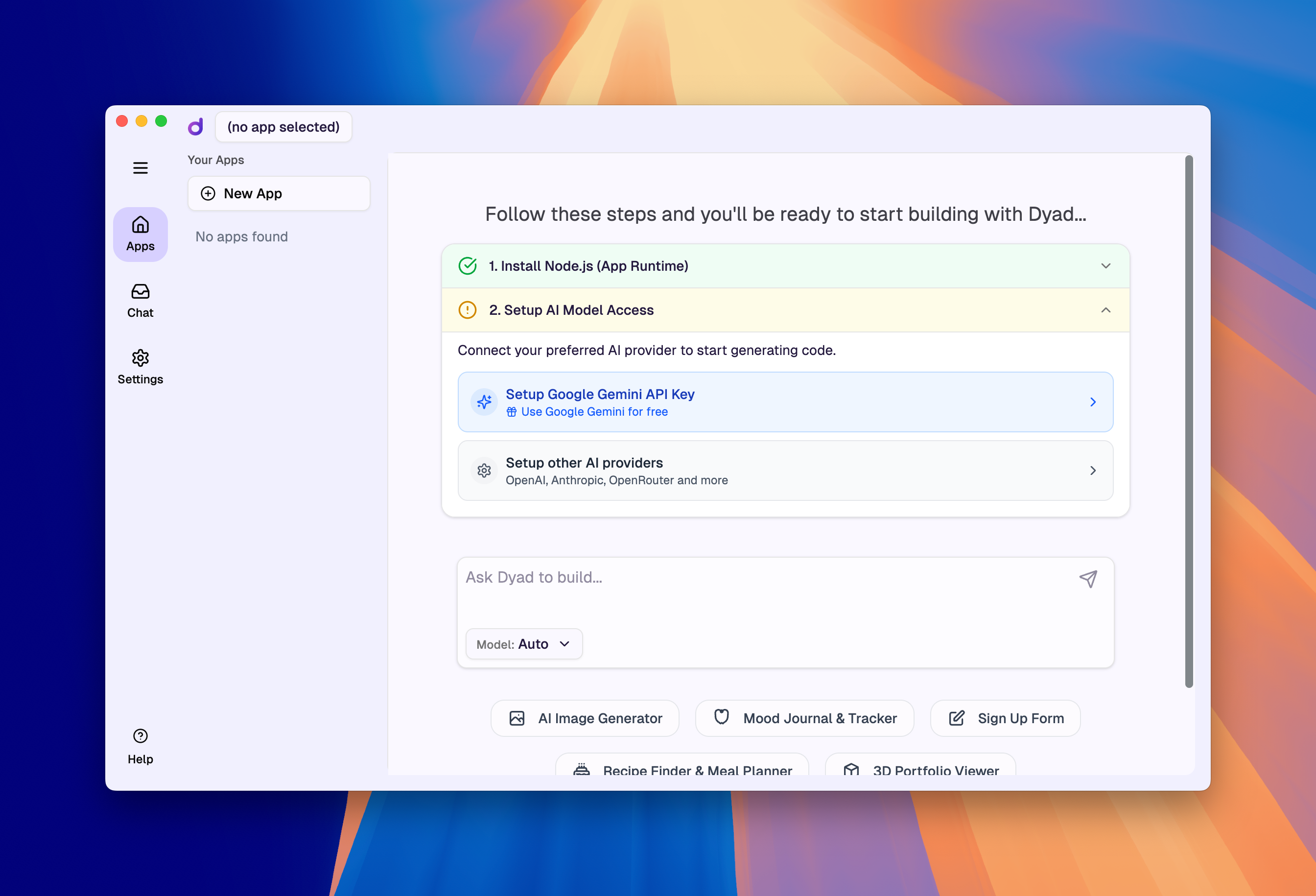 Screenshot of Dyad - showing app interface and features