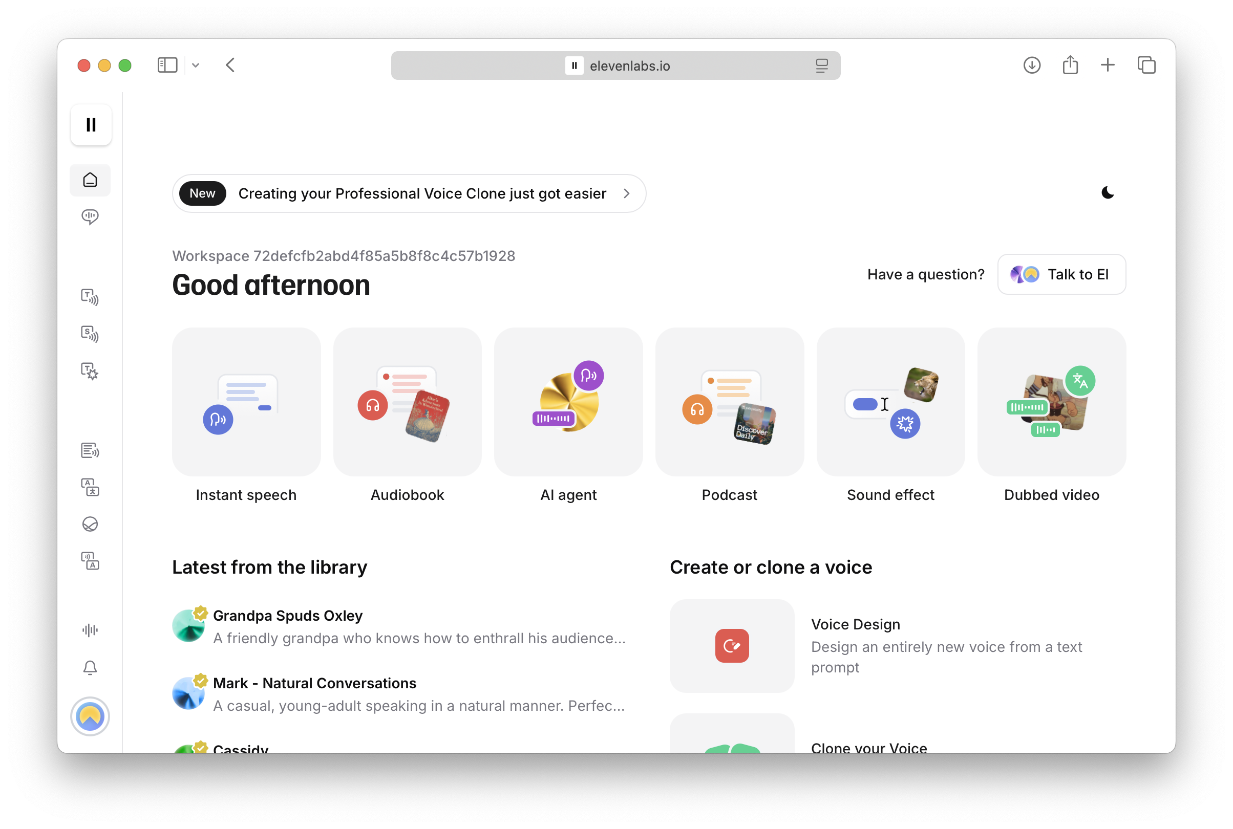 Screenshot of ElevenLabs - showing app interface and features