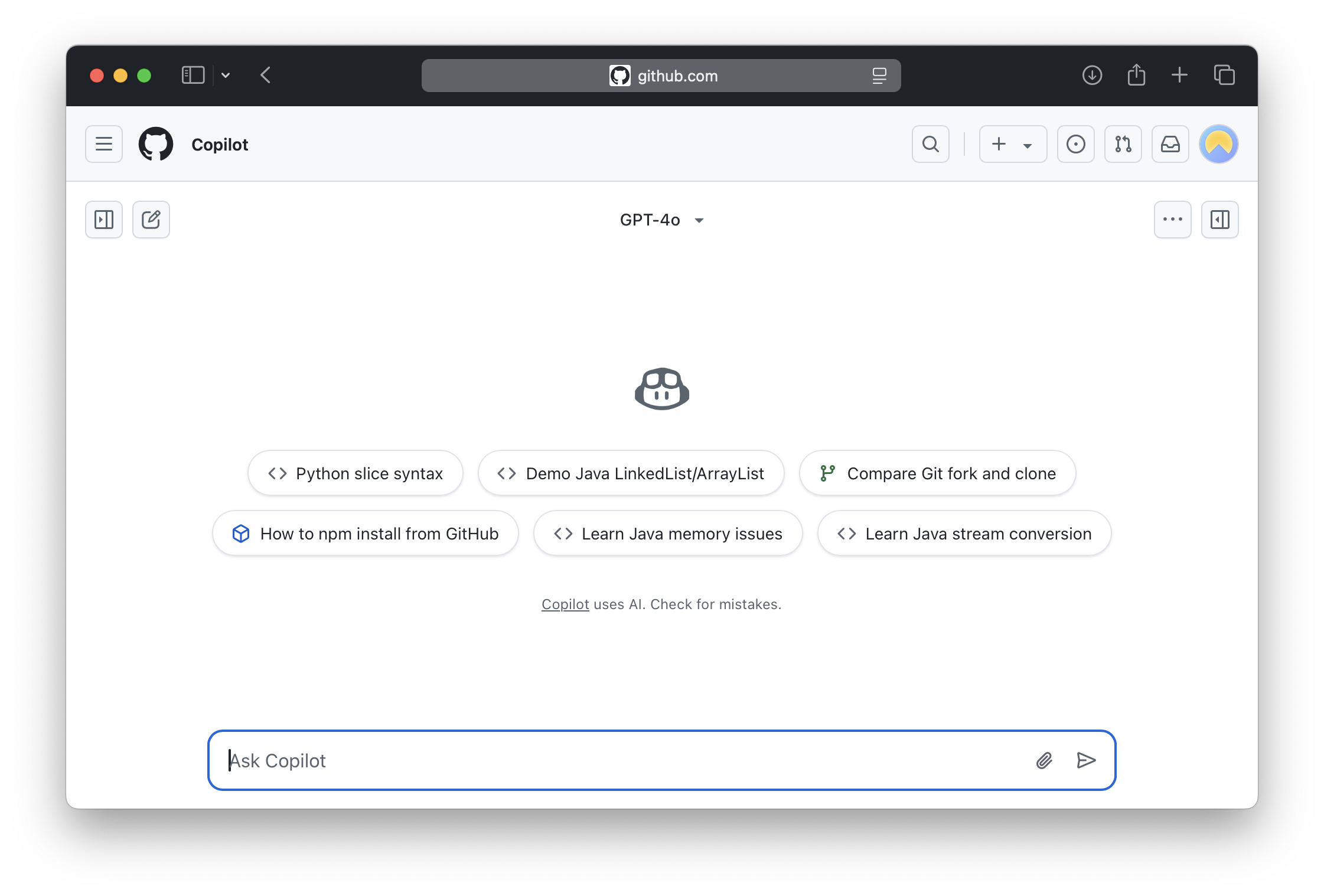 Screenshot of GitHub Copilot - showing app interface and features
