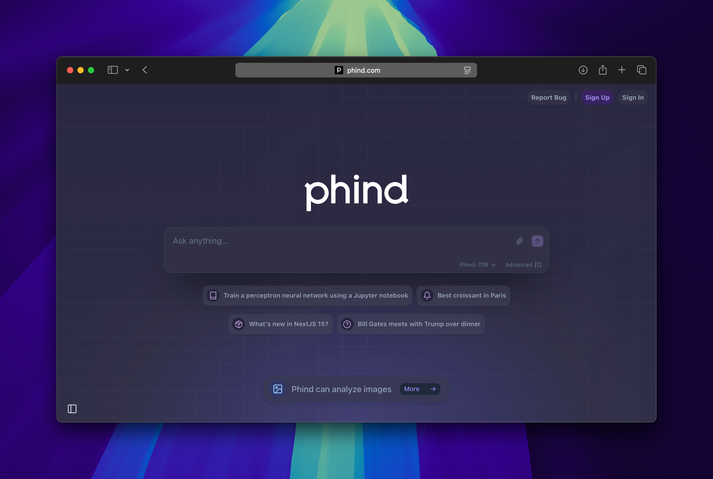 Screenshot of Phind - showing app interface and features
