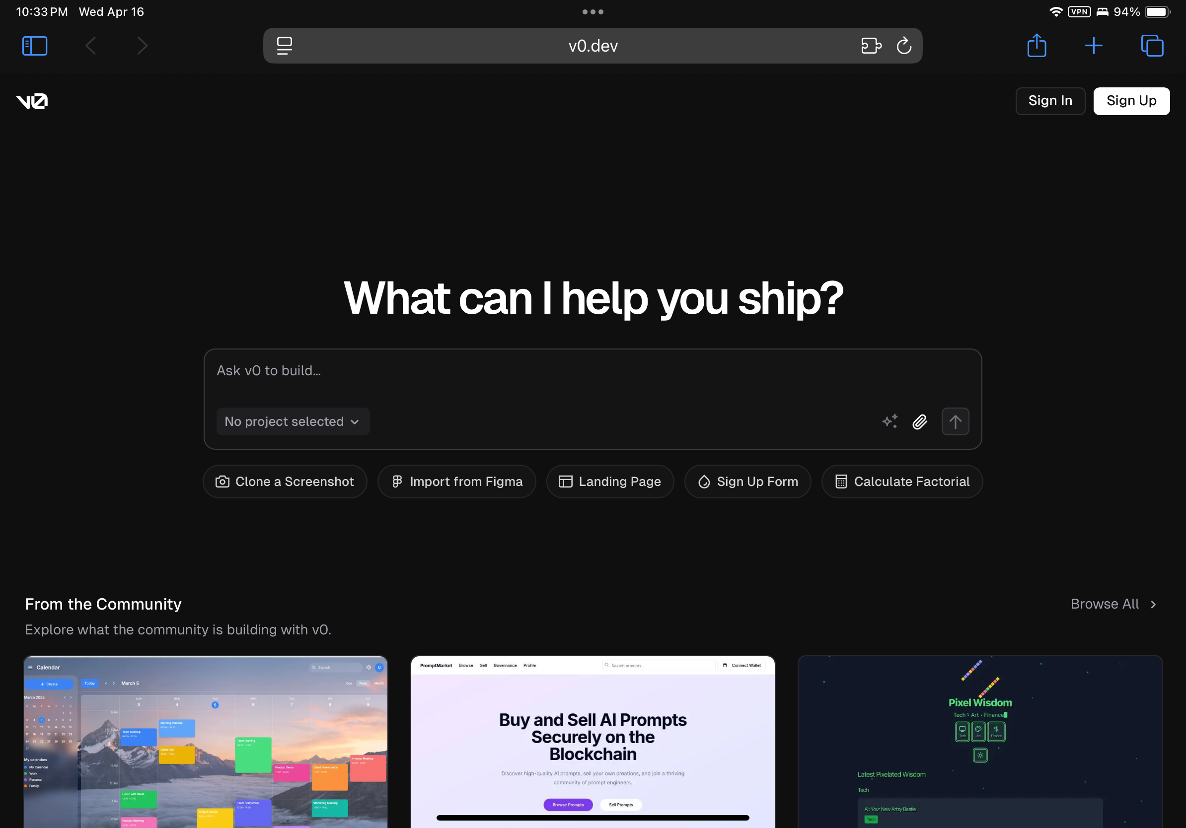 Screenshot of v0 - showing app interface and features