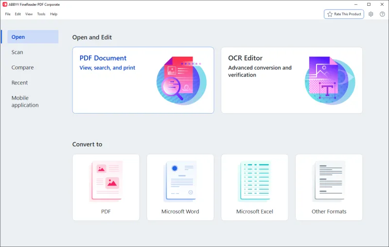 Screenshot of ABBYY FineReader PDF - showing app interface and features