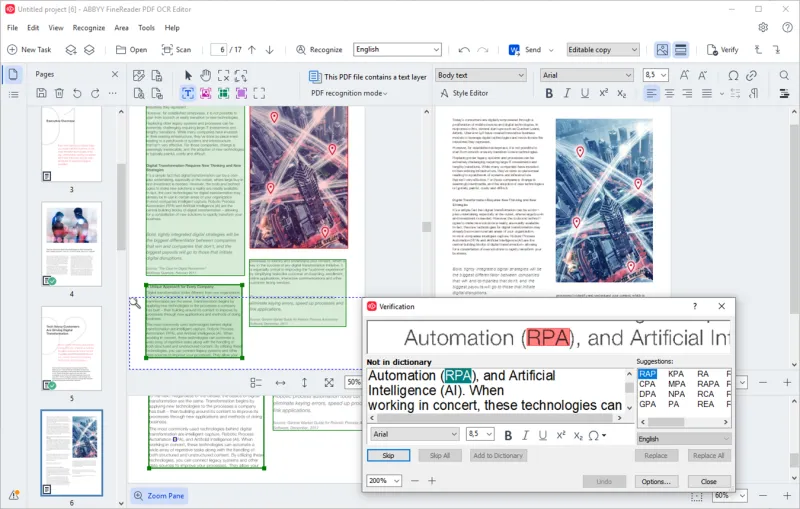 Screenshot of ABBYY FineReader PDF - showing app interface and features
