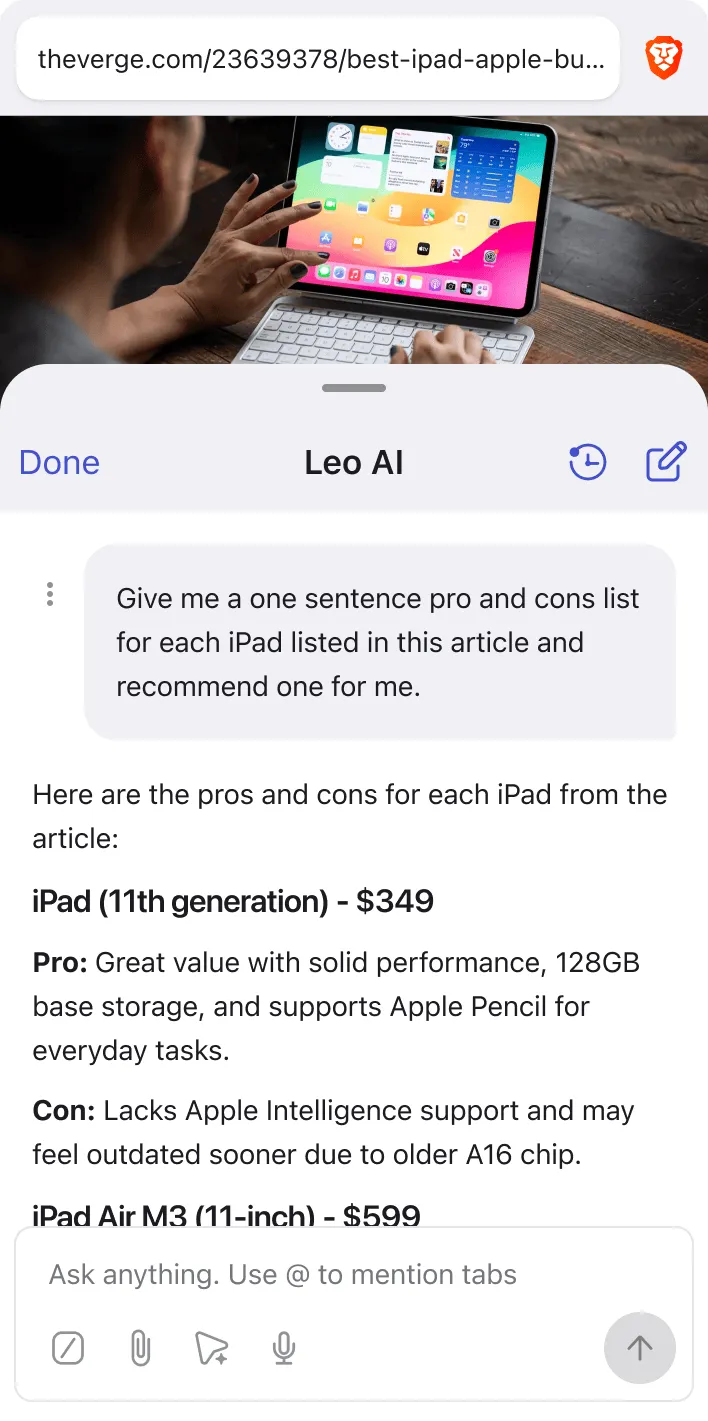 Screenshot of Brave Leo - showing app interface and features