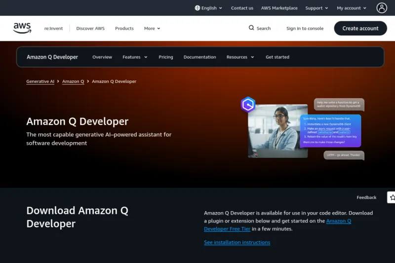 Screenshot of Amazon Q Developer - showing app interface and features