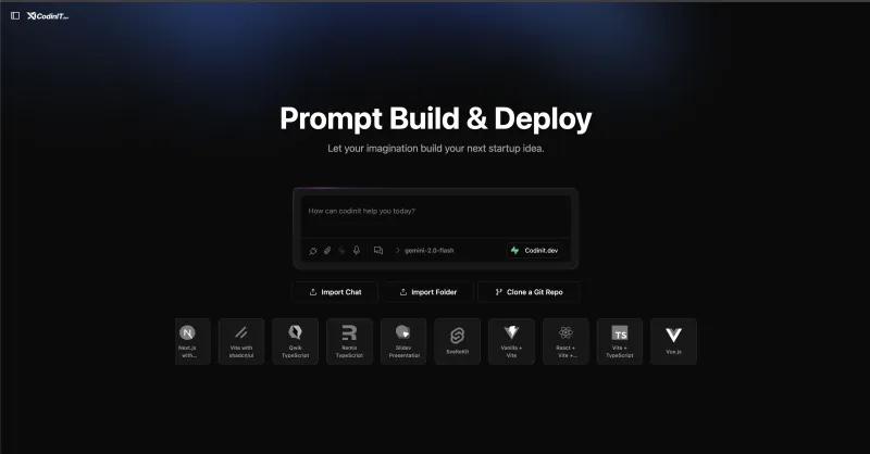 Screenshot of CodinIT.dev - showing app interface and features