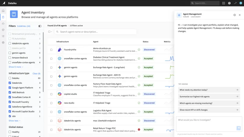 Screenshot of Dataiku Agent Management - showing app interface and features