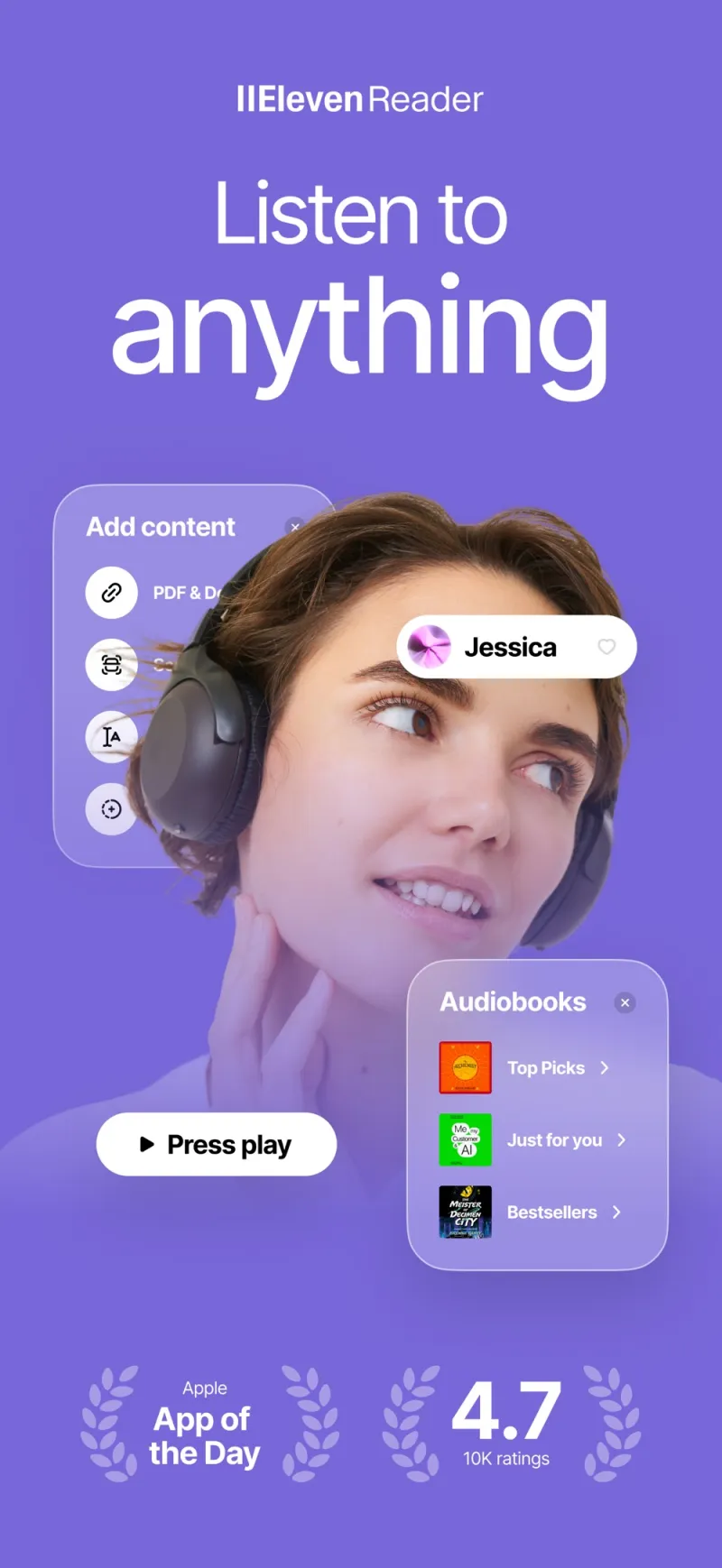 Screenshot of ElevenReader - showing app interface and features