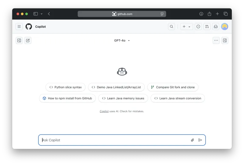 Screenshot of GitHub Copilot - showing app interface and features
