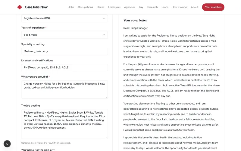 Screenshot of Healthcare Cover Letter Generator - showing app interface and features