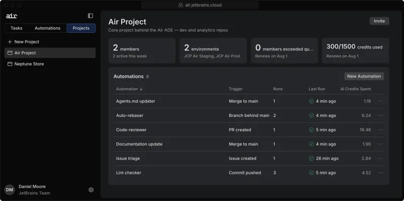 Screenshot of JetBrains Air - showing app interface and features