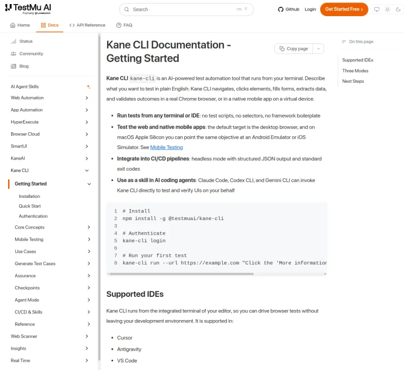 Screenshot of Kane CLI - showing app interface and features