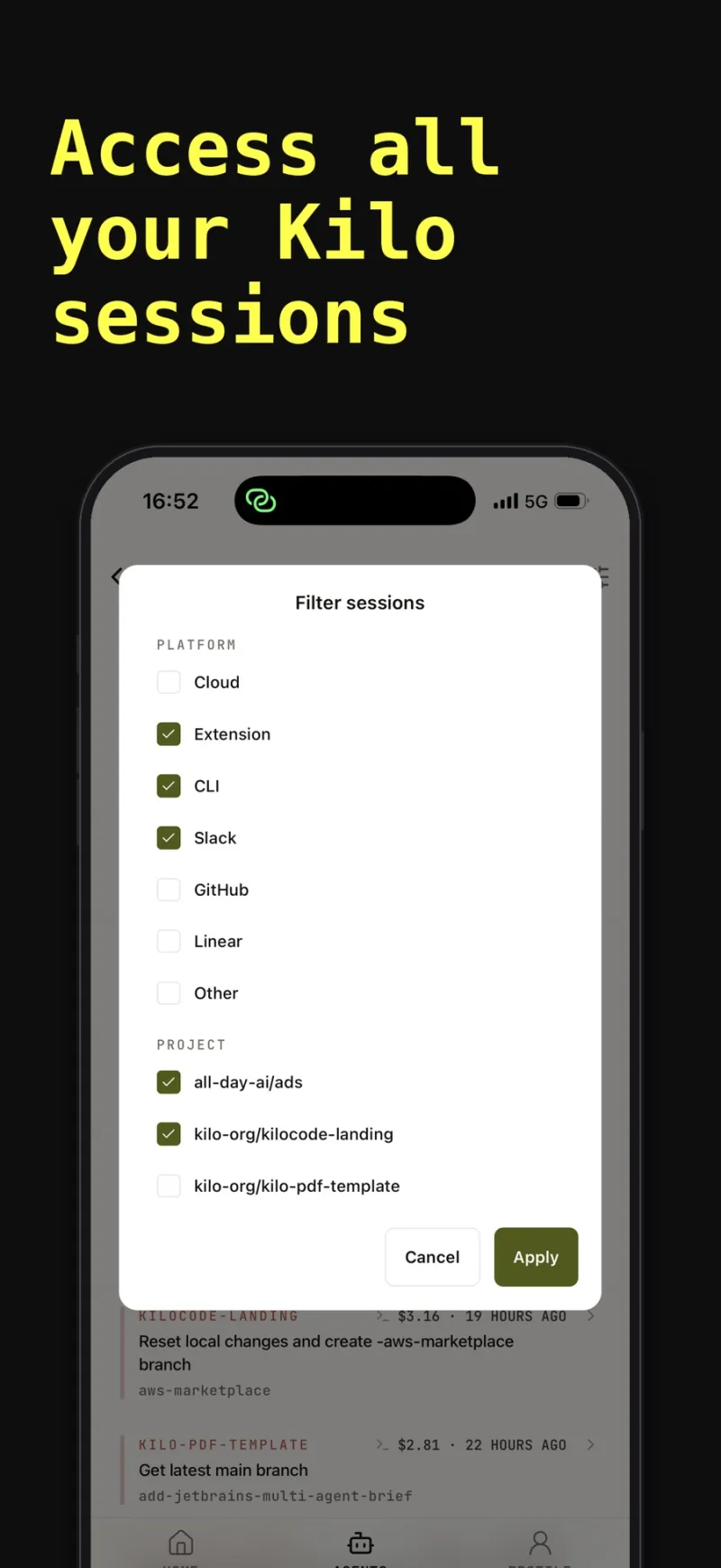 Screenshot of Kilo Code - showing app interface and features