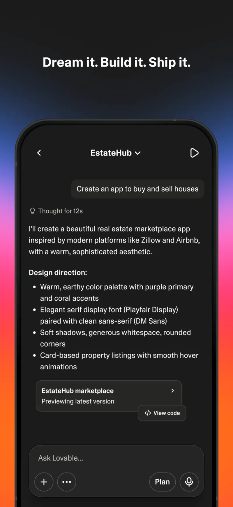 Screenshot of Lovable - showing app interface and features