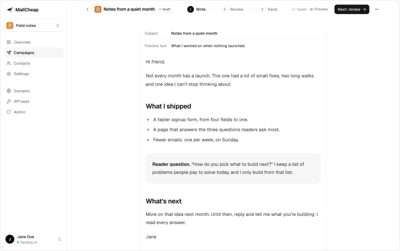 Screenshot of MailCheap - showing app interface and features