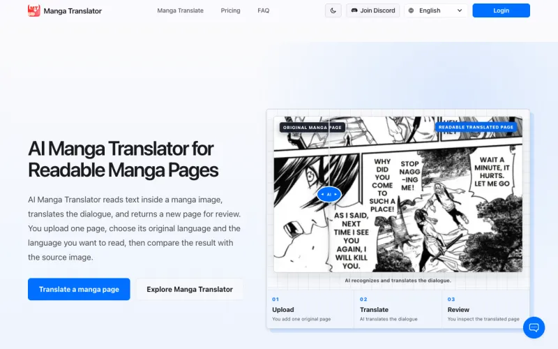 Screenshot of Manhwa Translator - showing app interface and features