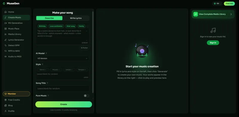 Screenshot of MuseGen - showing app interface and features