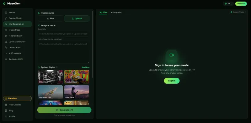 Screenshot of MuseGen - showing app interface and features