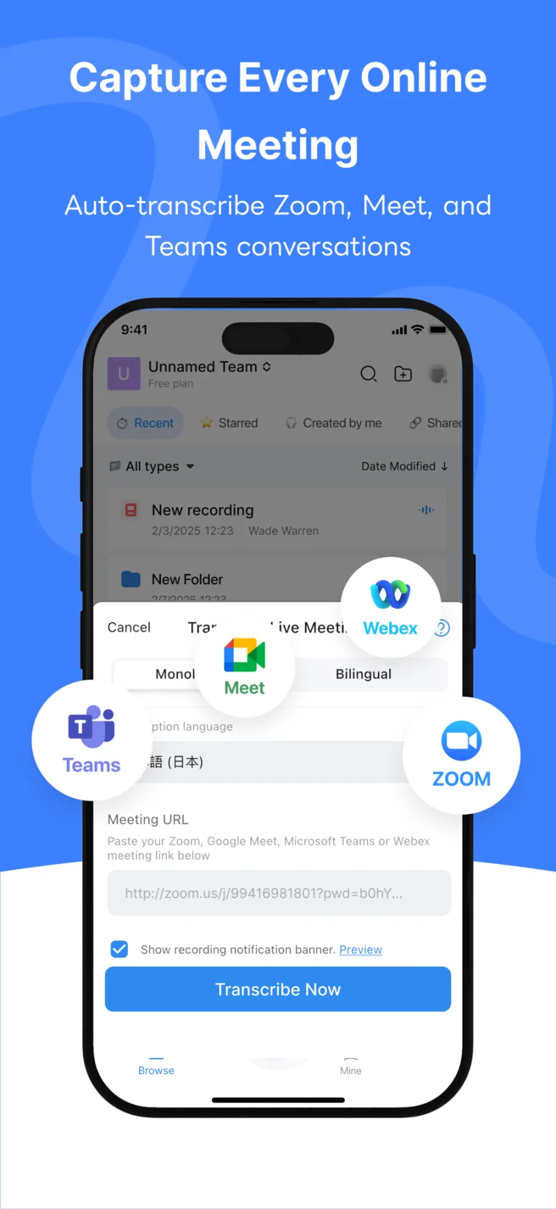 Screenshot of Notta - showing app interface and features
