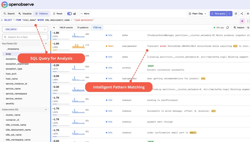 Screenshot of OpenObserve - showing app interface and features