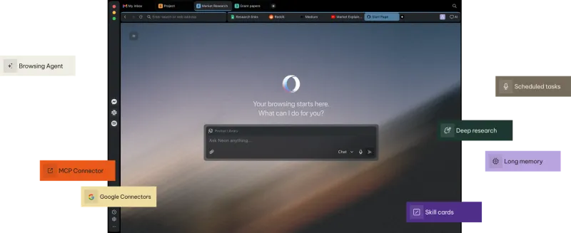 Screenshot of Opera Neon - showing app interface and features