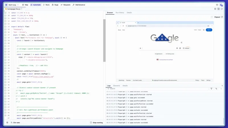 Screenshot of QA Wolf - showing app interface and features
