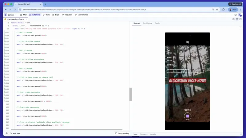 Screenshot of QA Wolf - showing app interface and features