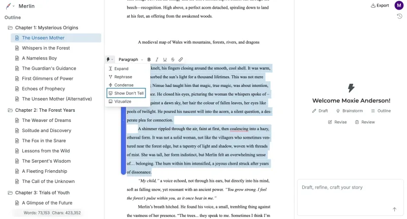 Screenshot of Squibler - showing app interface and features