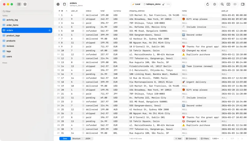 Screenshot of TablePro - showing app interface and features