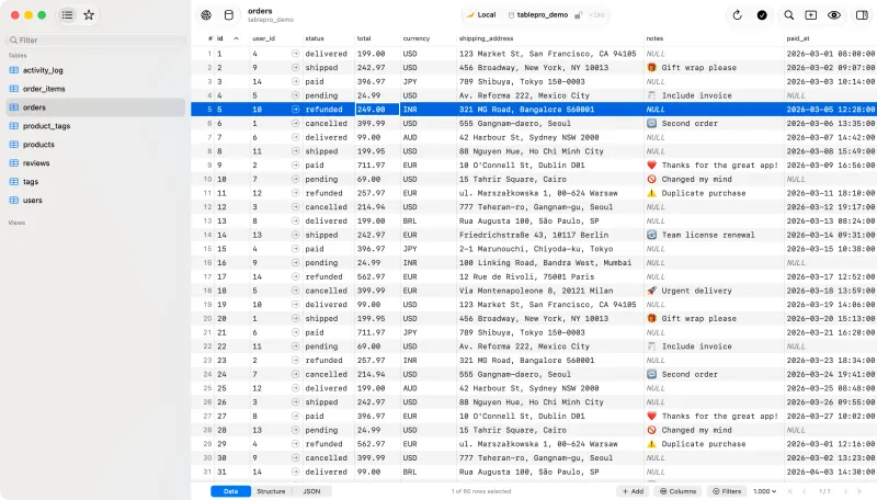 Screenshot of TablePro - showing app interface and features