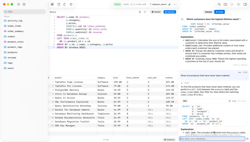 Screenshot of TablePro - showing app interface and features