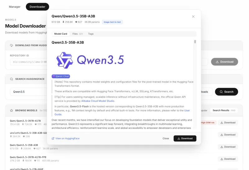 Screenshot of oMLX - showing app interface and features